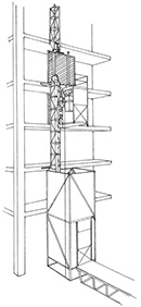 Illustration of a framework in a tower structure form, which is attached to a building. The tower has winches and a boxed-in container that can be raised up and down the tower to move materials and people