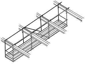 Illustration of a framework structure made of horizontal, vertical and diagonal steel tubes. Horizontal planks form a platform that a person can work from