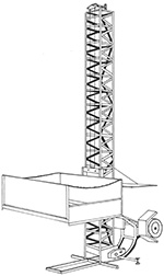 Illustration of a framework in a tower structure form, that has a rectangular open container attached to it. This container can be raised up and down the tower to move materials
