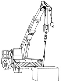 Illustration of a truck with wheels and a large steel arm which is extended outwards from the truck. At the end of the arm is a pulley and hook which can be attached to items for lifting