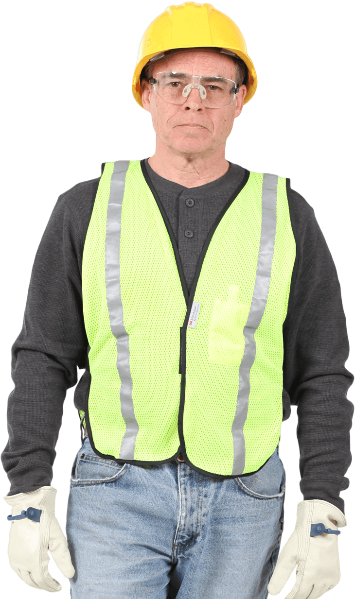 Man wearing yellow hi vis vest and yellow hard hat and gloves