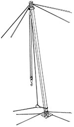 Illustration of a vertical pole with guy wires extended from its top to the ground to secure. The top of the pole has a pulley with a hook that can lift items