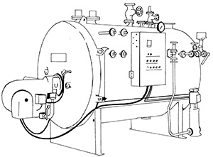 Illustration of a large sealed steel cylinder, raised off the ground and with many operating controls, tubes and gauges.