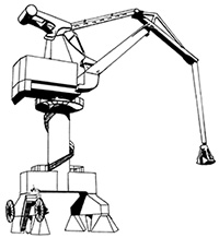Illustration of a large structure mounted on a frame, with a large steel arm extended horizontally that is used to move items. This tower is sitting on supportive bases