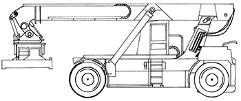 Illustration of a truck with wheels and a cabin. It has a large steel arm that lies along the length of the truck. This arm has an attachment at the end that can be used to lift and move shipping containers