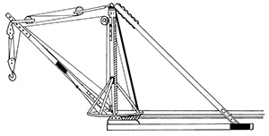 Illustration of a series of pulleys, wires and arms that are horizontally, vertically and diagonally arranged. There is a hook on one of the wires that can lift items