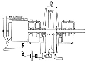 Illustration of a mechanical system of shafts, gears and other components that operate a turbine