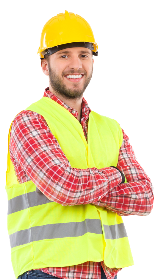 Man Wearing yellow hard hat and Green hi vis vest, he is smiling and has crossed arms